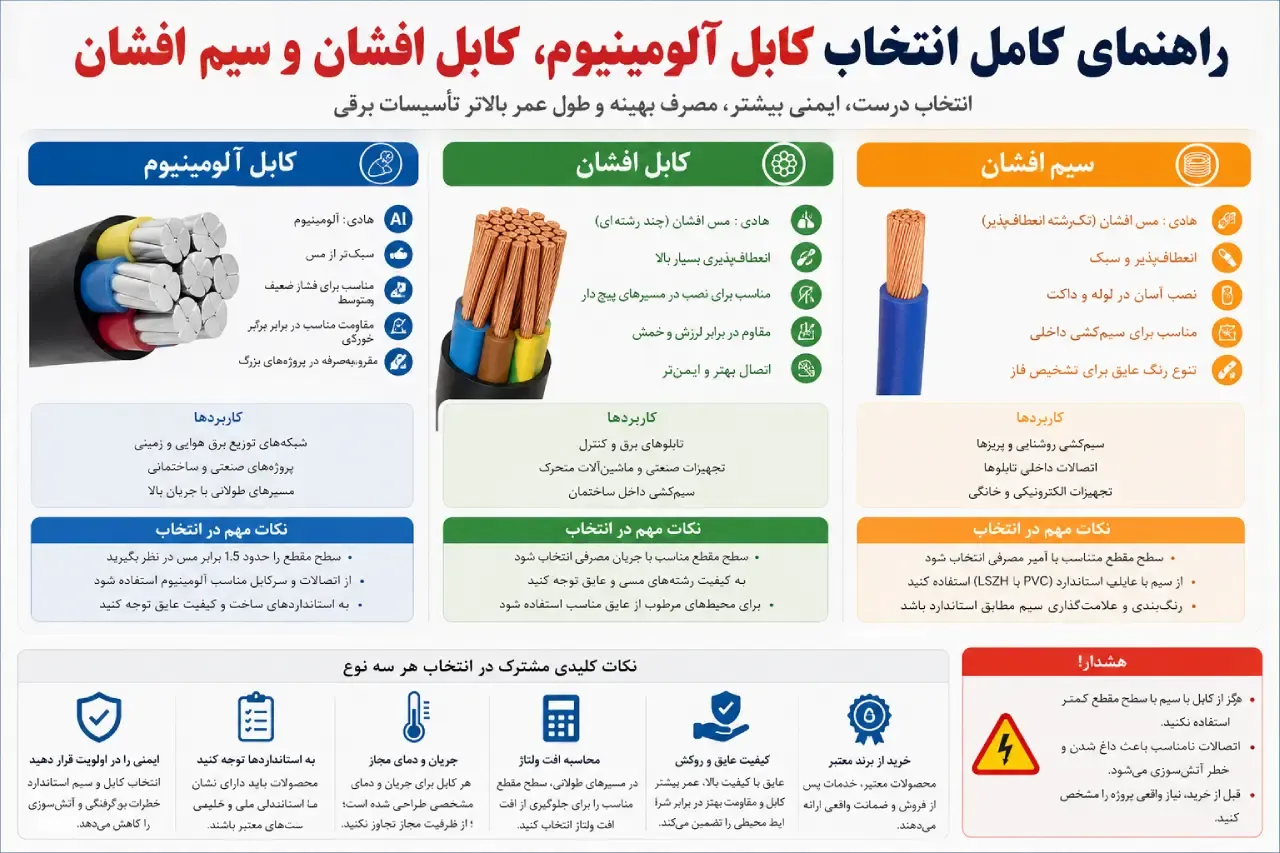 راهنمای کامل انتخاب کابل آلومینیوم، کابل افشان و سیم افشان